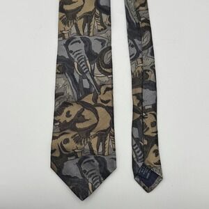Vitg Saks Fifth Avenue Elephant Safari Tie Italy Silk Gray Tan Novelty Necktie